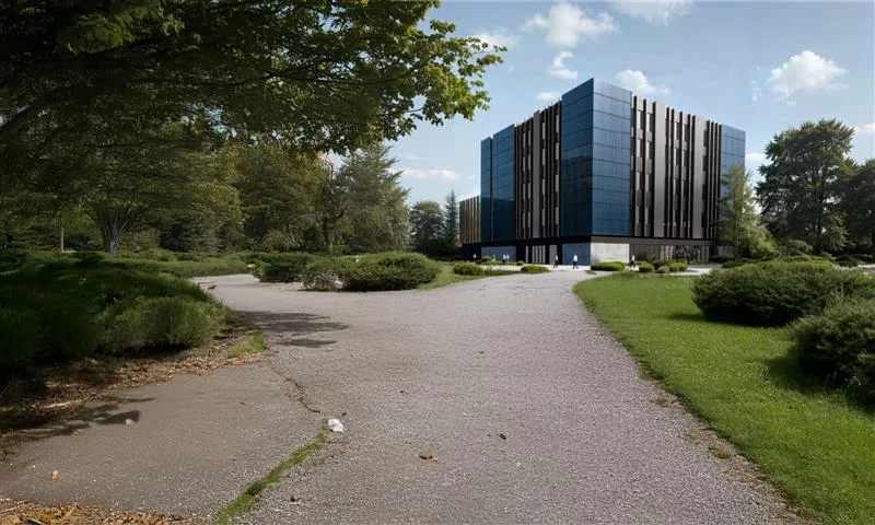 Model 3D du futur centre de données NorthC de Genève. De forme cubique et aux allures futuristes, il est entouré de chemins et d'espaces verts.